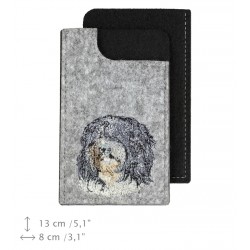 Schapendoes - A felt phone case with an embroidered image of a dog.
