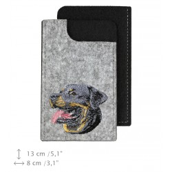 Rottweiler - A felt phone case with an embroidered image of a dog.