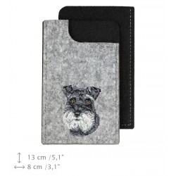 Schnauzer uncropped - A felt phone case with an embroidered image of a dog.
