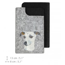 Whippet - A felt phone case with an embroidered image of a dog.