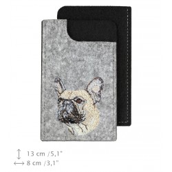 French Bulldog - A felt phone case with an embroidered image of a dog.