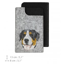 Greater Swiss Mountain Dog - A felt phone case with an embroidered image of a dog.