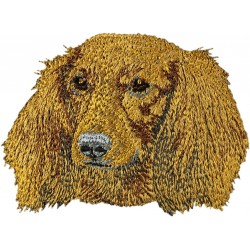 Dackel longhaired - Stickerei, Aufnäher mit dem Bild eines Rasse-Hundes.