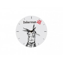 Doberman - stojący zegar z wizerunkiem psa, wykonany z płyty MDF