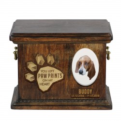 Urne für Hundeasche mit Keramikplatte und Beschreibung - Basset