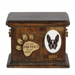 Urne pour les cendres de chien avec plaque en céramique et description - Géométrique Terrier de Boston