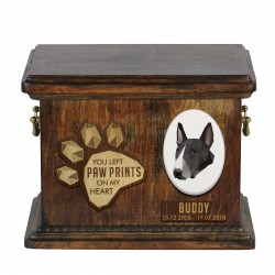 Urna de cenizas de perro con placa de cerámica y descripción - Geométrico Bull terrier inglés