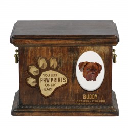 Urn for dog ashes with ceramic plate and sentence - Geometric French Mastiff