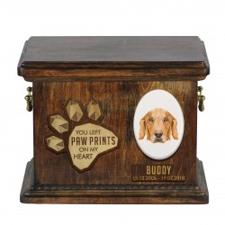 Urn for dog ashes with ceramic plate and sentence - Geometric Golden Retriever
