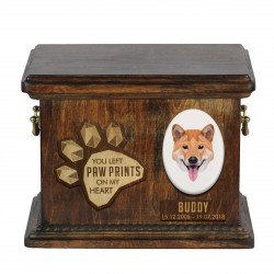 Urn for dog ashes with ceramic plate and sentence - Geometric Shiba Inu