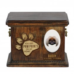 Urn for dog ashes with ceramic plate and sentence - Geometric Pekingese
