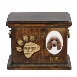 Urna de cenizas de perro con placa de cerámica y descripción