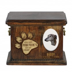 Urne für Hundeasche mit Keramikplatte und Beschreibung - Großer Englischer Windhund