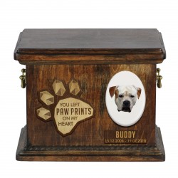 Urn for dog ashes with ceramic plate and sentence - Geometric American Bulldog
