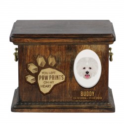Urn for dog ashes with ceramic plate and sentence - Geometric Bichon Frise