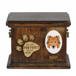 Urn for dog ashes with ceramic plate and sentence - Geometric Collie