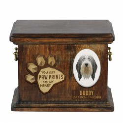 Urne für Hundeasche mit Keramikplatte und Beschreibung - Bearded Collie
