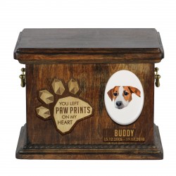 Urn for dog ashes with ceramic plate and sentence - Geometric Jack Russell Terrier