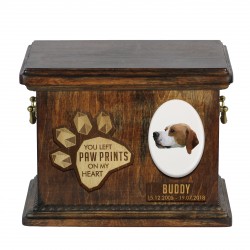Urn for dog ashes with ceramic plate and sentence - Geometric Pointer