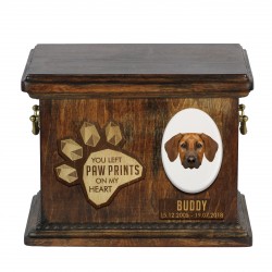 Urn for dog ashes with ceramic plate and sentence - Geometric Rhodesian Ridgeback