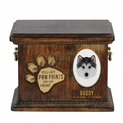Urne pour les cendres de chien avec plaque en céramique et description - Géométrique Husky sibérien