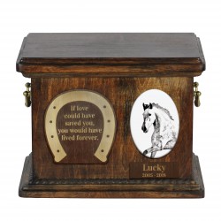 Urna de cenizas de caballo con placa de cerámica y descripción - Caballo andaluz, ART-DOG