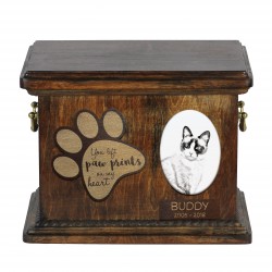 Urn for cat ashes with ceramic plate and sentence - Snowshoe cat, ART-DOG