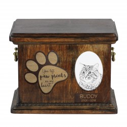 Urna de cenizas de gato con placa de cerámica y descripción - Kurilian Bobtail longhaired, ART-DOG
