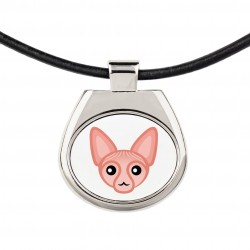 Un collar con un gato de Sphynx. Una nueva colección con el lindo gato Art-Dog