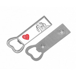 Tackel- Décapsuleur en métal avec un aimant sur réfrigérateur avec une image de chien.