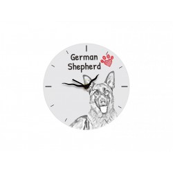 Owczarek niemiecki - stojący zegar z wizerunkiem psa, wykonany z płyty MDF