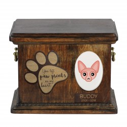 Urna de cenizas de gato con placa de cerámica y descripción