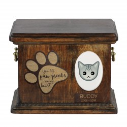Urna de cenizas de gato con placa de cerámica y descripción