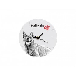 Owczarek belgijski , Malinois - stojący zegar z wizerunkiem psa, wykonany z płyty MDF