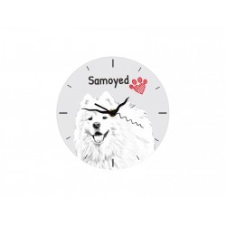 Samoyed - Free standing clock, made of MDF board, with an image of a dog.