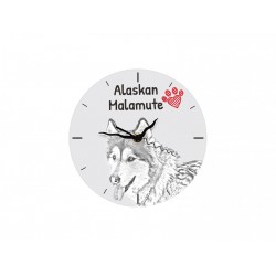 Malamut - stojący zegar z wizerunkiem psa, wykonany z płyty MDF