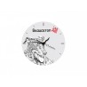 Owczarek francuski Beauceron - stojący zegar z wizerunkiem psa, wykonany z płyty MDF