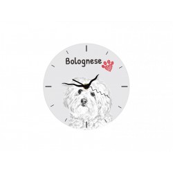 Bolognese - Free standing clock, made of MDF board, with an image of a dog.