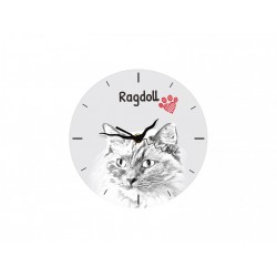 Ragdoll - stojący zegar z wizerunkiem kota, wykonany z płyty MDF