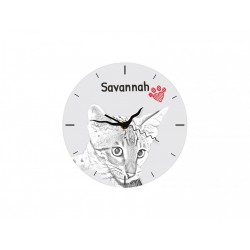 Kot savannah - stojący zegar z wizerunkiem kota, wykonany z płyty MDF