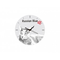 Russian Blue - Free standing clock, made of MDF board, with an image of a cat.