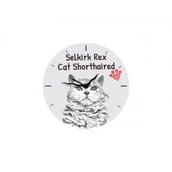 Kot selkirk rex krótkowłosy - stojący zegar z wizerunkiem kota, wykonany z płyty MDF