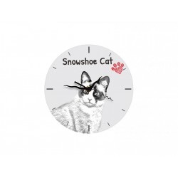 Kot snowshoe - stojący zegar z wizerunkiem kota, wykonany z płyty MDF