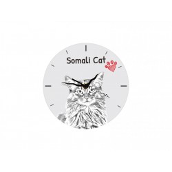 Kot somalijski - stojący zegar z wizerunkiem kota, wykonany z płyty MDF