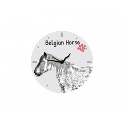 Koń belgijski - stojący zegar z wizerunkiem konia, wykonany z płyty MDF