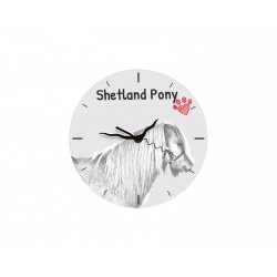 Shetlandpony - Stehende Uhr mit MDF mit dem Bild eines Pferde.