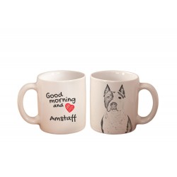 Amstaff - kubek z wizerunkiem psa i napisem "Good morning and love...". Wysokiej jakości kubek ceramiczny.