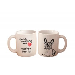 Boston Terrier - kubek z wizerunkiem psa i napisem "Good morning and love...". Wysokiej jakości kubek ceramiczny.