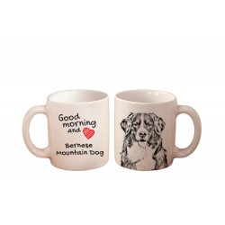Berneński pies pasterski - kubek z wizerunkiem psa i napisem "Good morning and love...". Wysokiej jakości kubek ceramiczny.