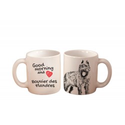 Owczarek Flandryjski - kubek z wizerunkiem psa i napisem "Good morning and love...". Wysokiej jakości kubek ceramiczny.